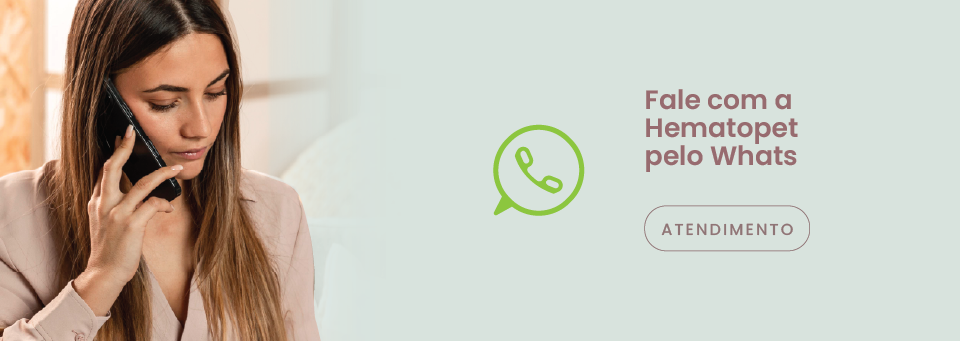 Mulher ao telefone e botão para atendimento via WhatsApp da Hematopet.