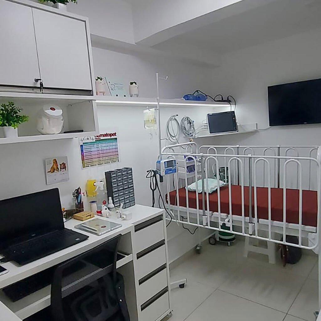 Sala de internação da Hematopet com leito veterinário, estação de trabalho e equipamentos médicos organizados.