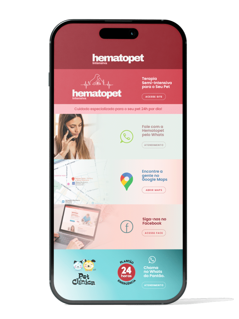 LinkBio da Hematopet com acesso rápido ao site, WhatsApp, localização no Google Maps, Facebook e emergência 24h.