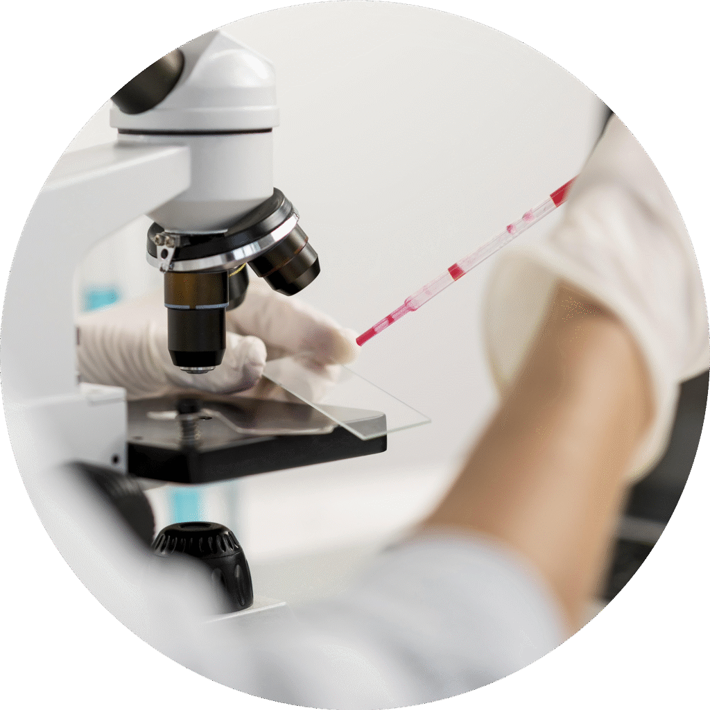 Técnica aplicando amostra de sangue em lâmina de vidro para análise no microscópio.