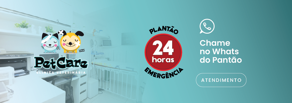 Banner com logo da Pet Clínica, ícone de WhatsApp e chamada para plantão 24h.