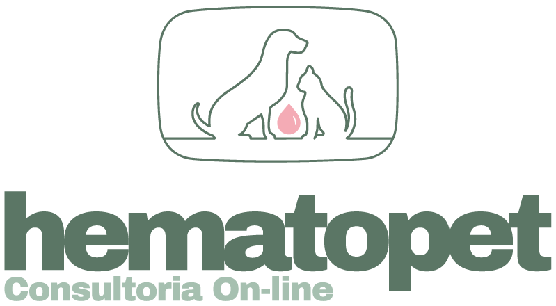 Logo da Hematopet Consultoria OnLine com ilustração de um cachorro e um gato, um símbolo de gota de sangue entre eles e linhas de eletrocardiograma, representando cuidados intensivos veterinários.