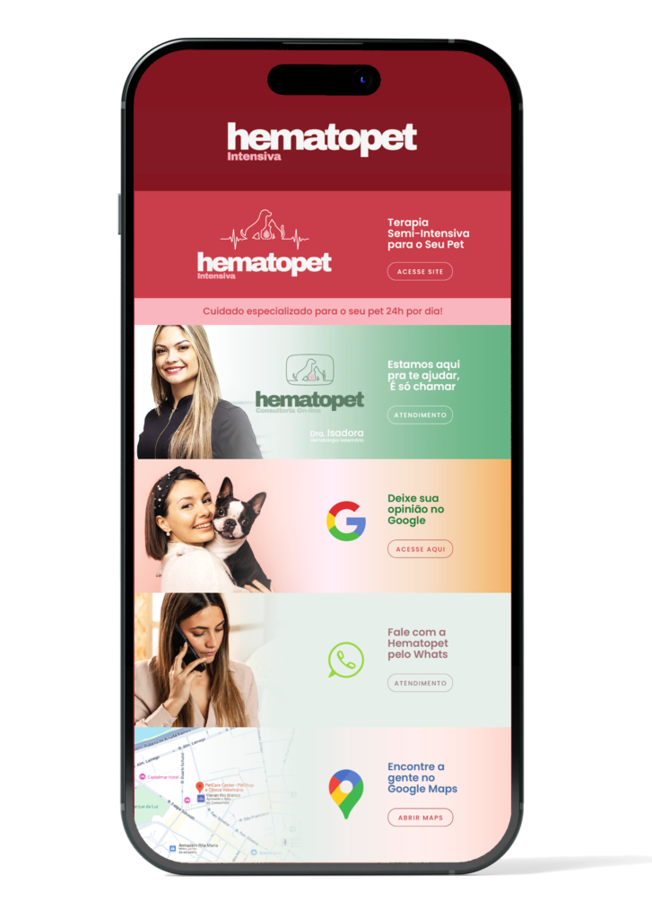 LinkBio da Hematopet com acesso rápido ao site, WhatsApp, localização no Google Maps, Facebook e emergência 24h.
